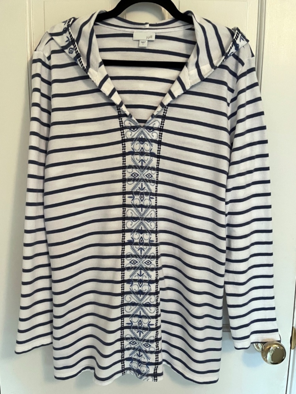 J. Jill Blue White Striped Embroidered Hooded Tunic Pullover Cotton